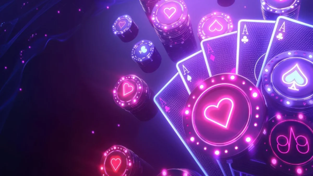 PHDream new player bonuses — neon casino scene with glowing poker chips, Ace playing cards, and pink and purple lighting for online casino players in the Philippines