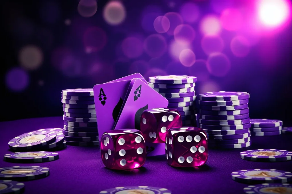 Aces, translucent dice, and poker chips on purple casino felt with bokeh lights — chance, cards, and table play for PHDream arcade Tongits and Pusoy